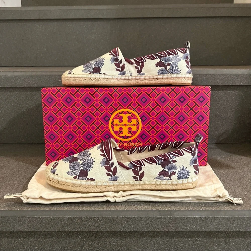 TORY BURCH Grosgrain Whipstitch Floral Imperial Garnet Espadrilles Flat,Sz 7,NIB